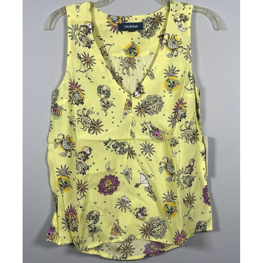 NWT‎ MODCLOTH Yellow Zodiac Horoscope Astrology Women's V Neck Tank Top XS Sun